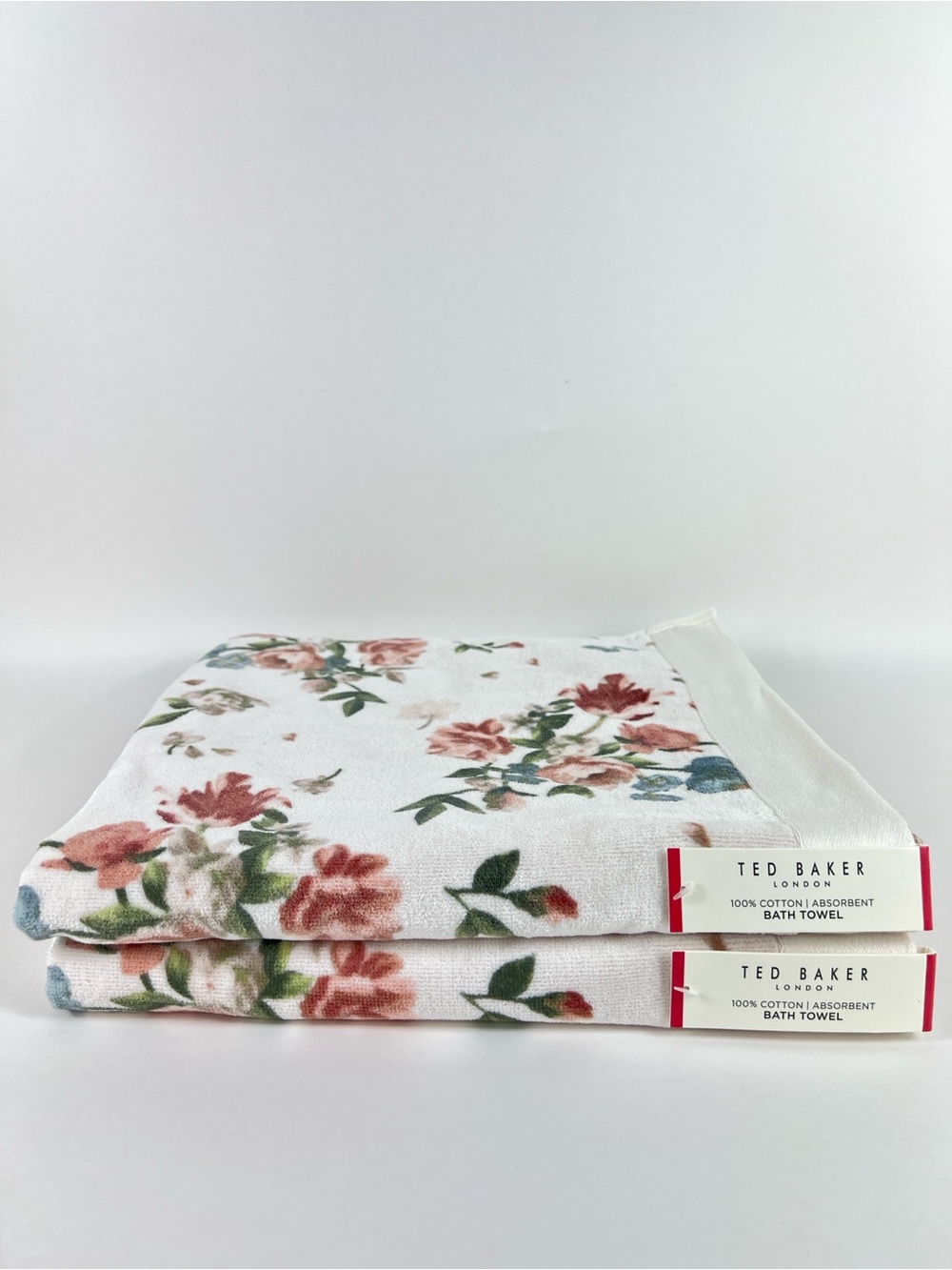 Ted Baker Bath Towel Set Pink Green White Floral 100% Cotton Velour 2 Pc NEW